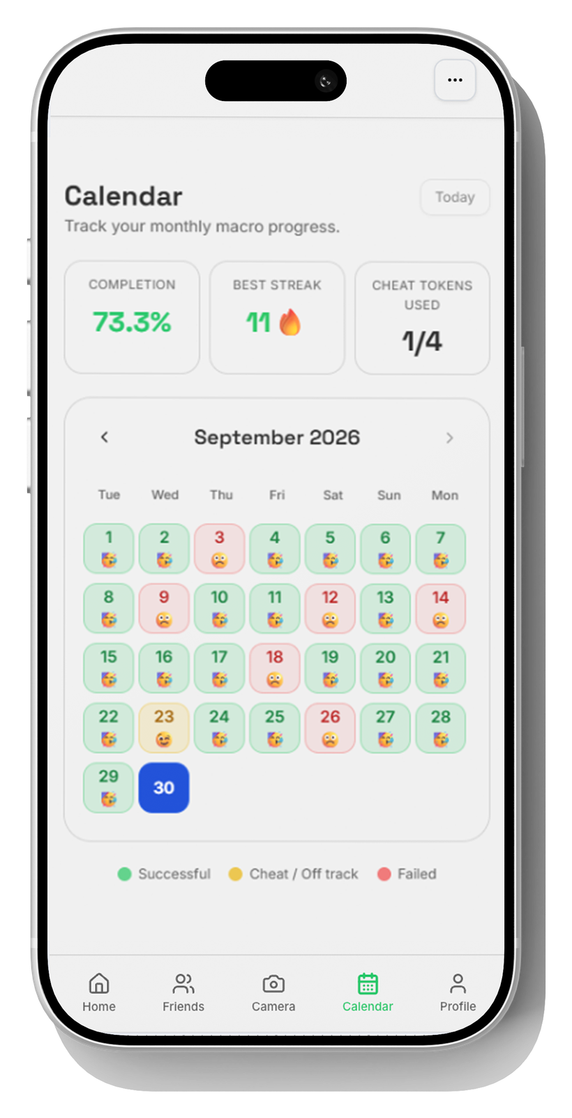 GymBro calendar showing successful, cheat and failed days with completion and streak stats